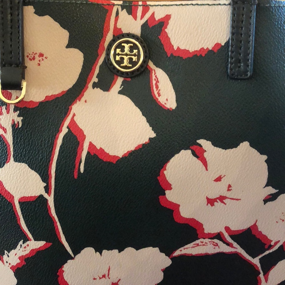 SOLD! NWT Tory Burch Floral Tote Bag -Dark Green Leather - Picture 2 of 16
